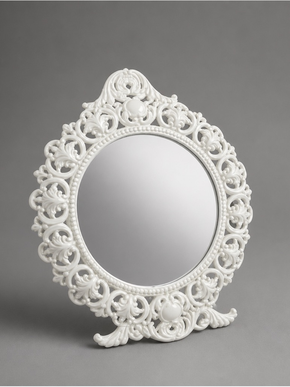 Vintage JM29 Victorian Round Ornate Cast Iron Vanity Standing Mirror